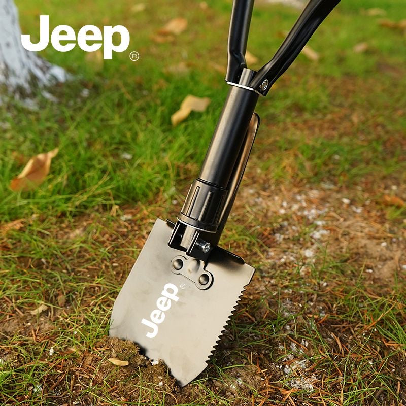 Jeep Multifunction Folding Shovel – Portable Military-Style Camping Spade with Pickaxe & Saw Edge