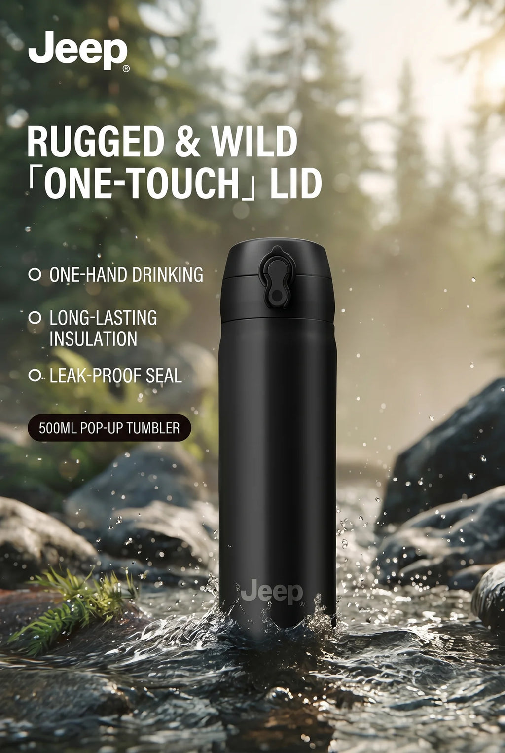 Jeep 500ML Insulated Stainless Steel Thermos Bottle – One-Touch Pop-Up Lid, Leak-Proof Vacuum Flask