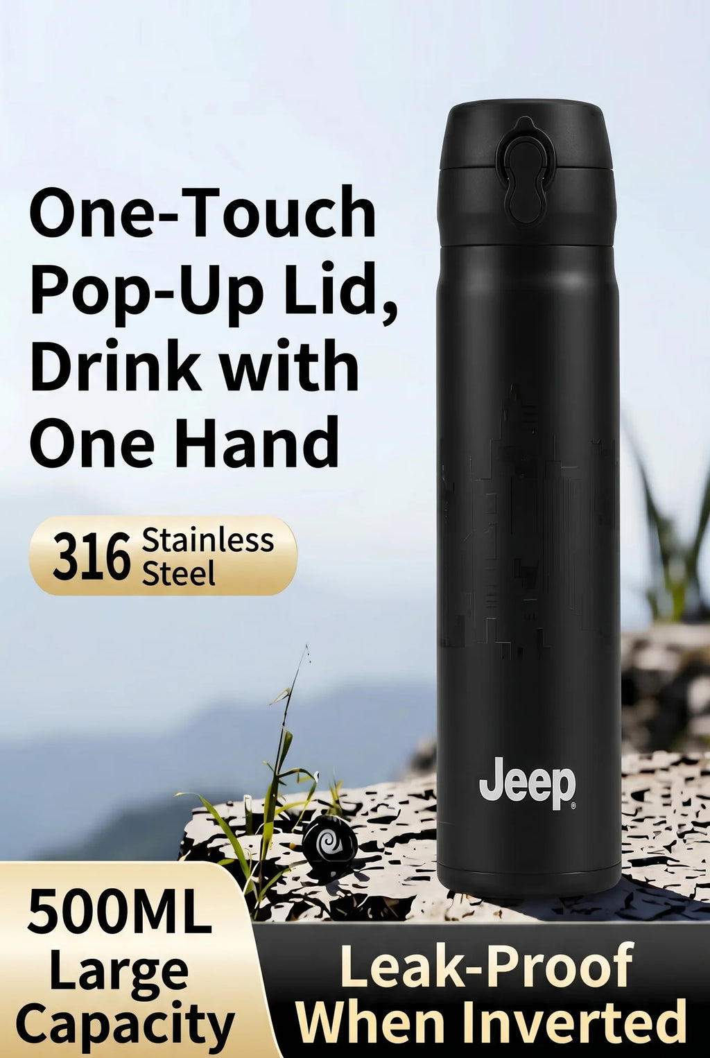 Jeep 500ML Insulated Stainless Steel Thermos Bottle – One-Touch Pop-Up Lid, Leak-Proof Vacuum Flask