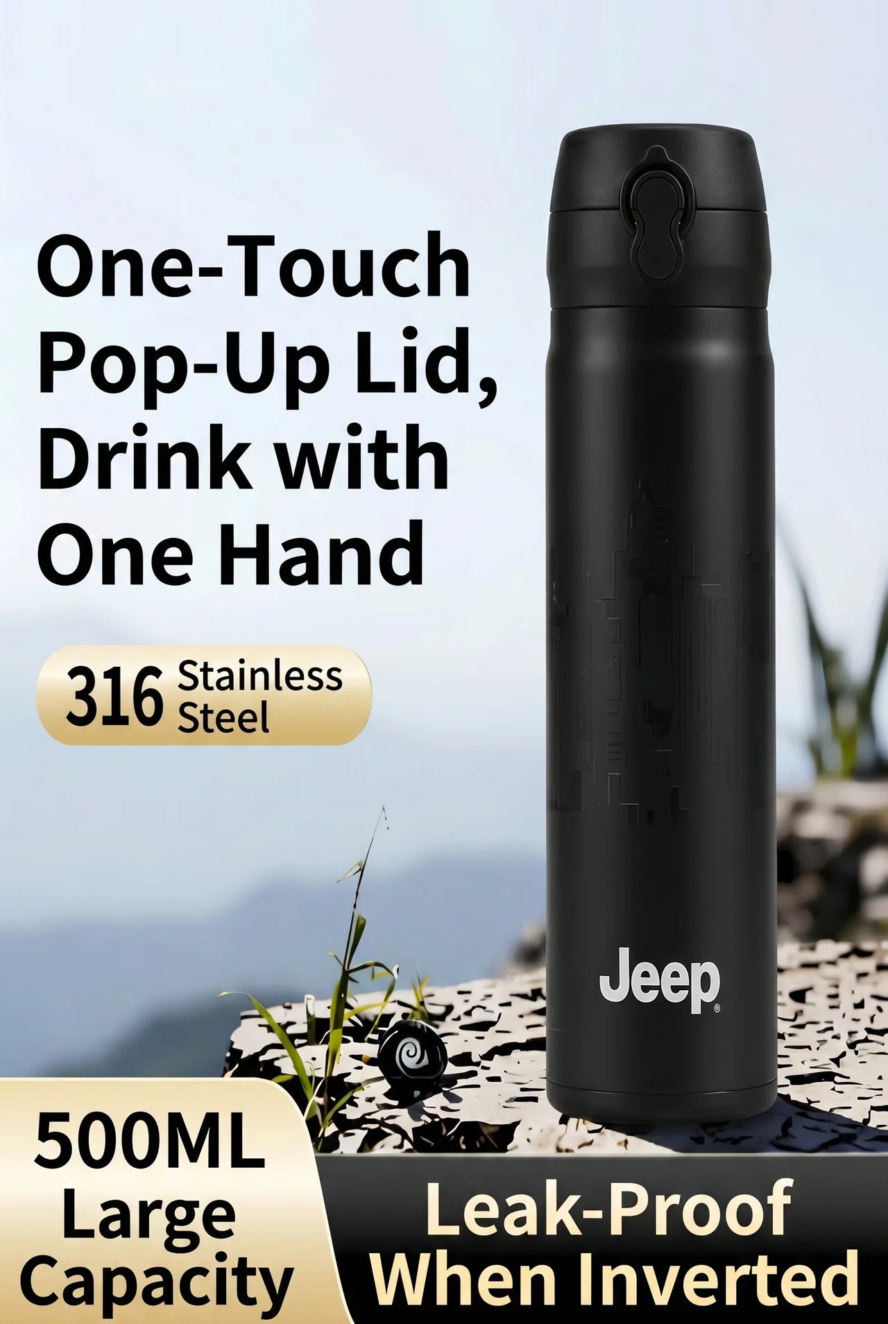 Jeep 500ML Insulated Stainless Steel Thermos Bottle – One-Touch Pop-Up Lid, Leak-Proof Vacuum Flask