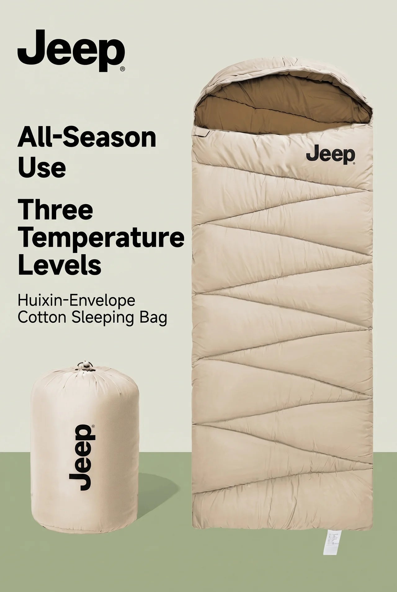 Jeep All-Season Sleeping Bag – Envelope Cotton Camping Sleeping Bag with Hood, Lightweight Portable (3 Temperature Levels)