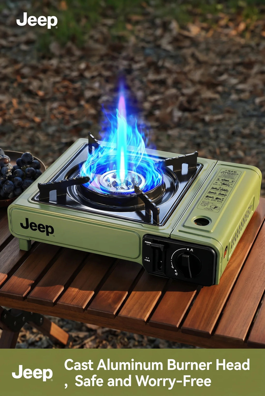 Jeep Portable Gas Camping Stove – 3KW High-Power Butane Burner, Cast Aluminum Head, Compact Outdoor Cooker