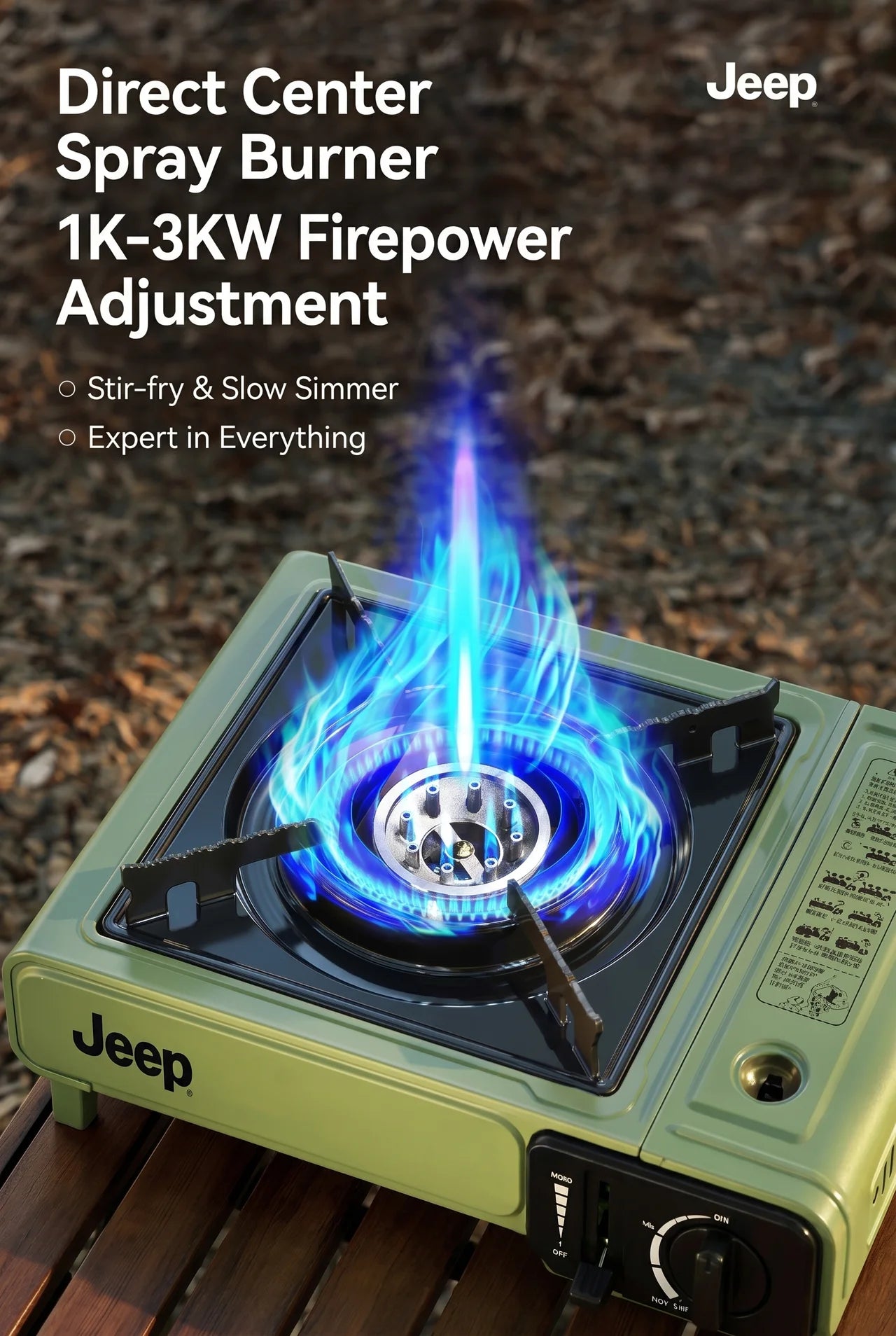 Jeep Portable Gas Camping Stove – 3KW High-Power Butane Burner, Cast Aluminum Head, Compact Outdoor Cooker