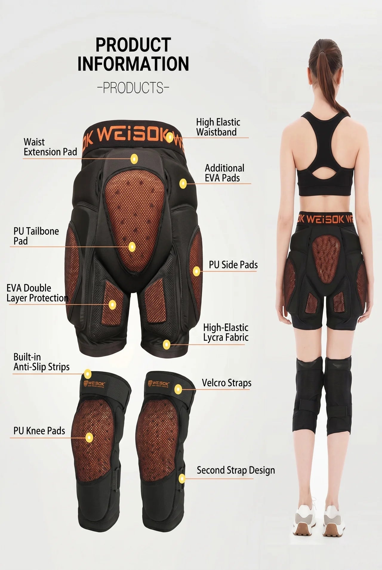 WEISOK Hip & Knee Protection Set – Tailbone Impact Shorts with EVA Padding + Adjustable Knee Pads